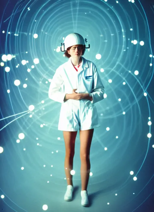 Prompt: realistic photo portrait of a a scientist girl dressed in white shorts, dressed in white plastic spherical helmet hat, particles aura electricity, 1 9 9 0, life magazine photo, natural colors,