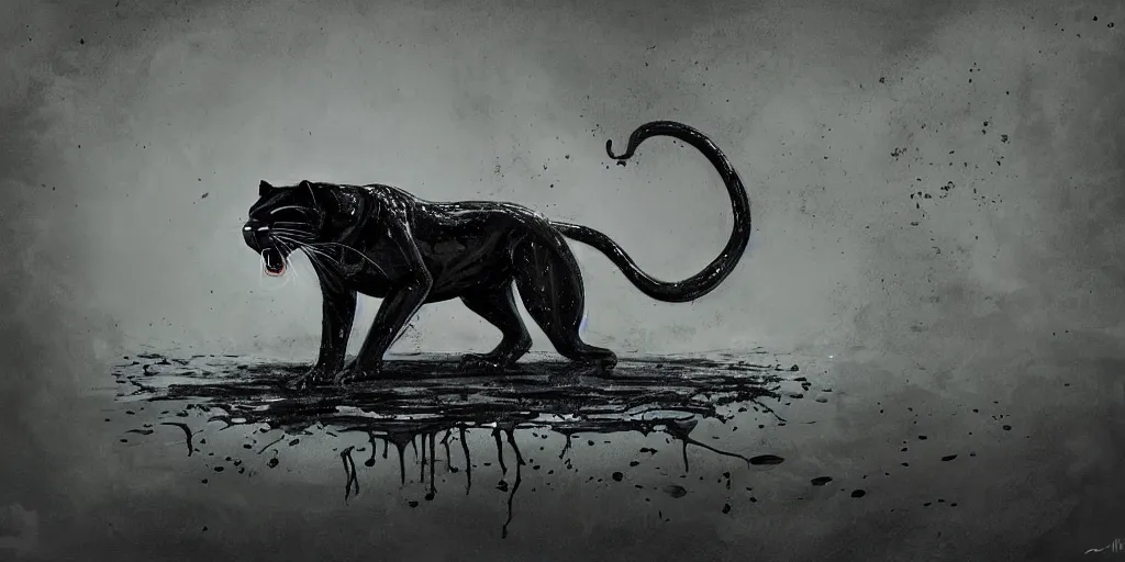 Image similar to a panther, made of smooth black goo, bathing in the tar lake, viscous, sticky, full of tar, covered with black goo. concept art, painting, animal drawing, wildlife photography, black goo, cinematic, in the style of cory loftis