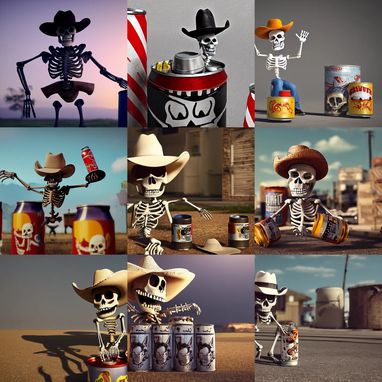 Prompt: a cartoon skeleton in a cowboy hat kicking cans. octane render. trending. cinematic. epic. highly detailed. 8 k