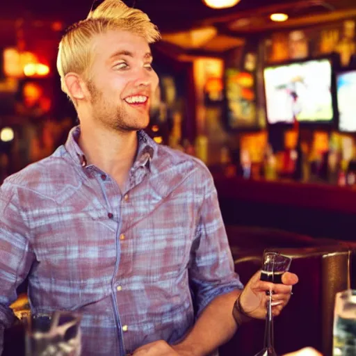 Prompt: a blonde man at a bar,