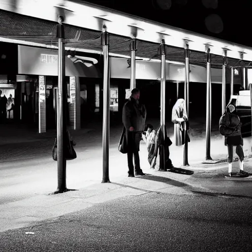 Image similar to a some people waiting in a lone bus stop in quiet dark city night at nowhere planet, high quality, high resolution,detailed