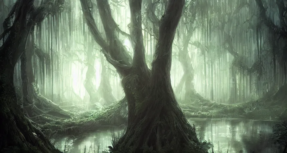 Prompt: A dense and dark enchanted forest with a swamp, by Charlie bowater