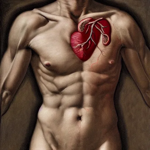 Prompt: A man looking down at a heart-shaped cavernous hole in his chest surrounded by veins and organs, hyperdetailed, hyperrealism, moody, gloomy