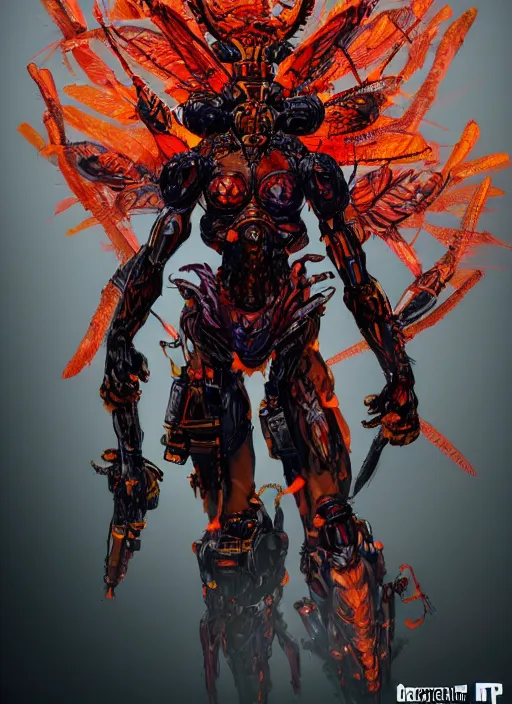 Prompt: Portrait of an insect assassin with amber armour, emanating with menacing aura, vibrant colours, chosen by the god, ornate. In style of Yoji Shinkawa and Hyung-tae Kim, trending on ArtStation, dark fantasy, great composition, concept art, highly detailed, dynamic pose.