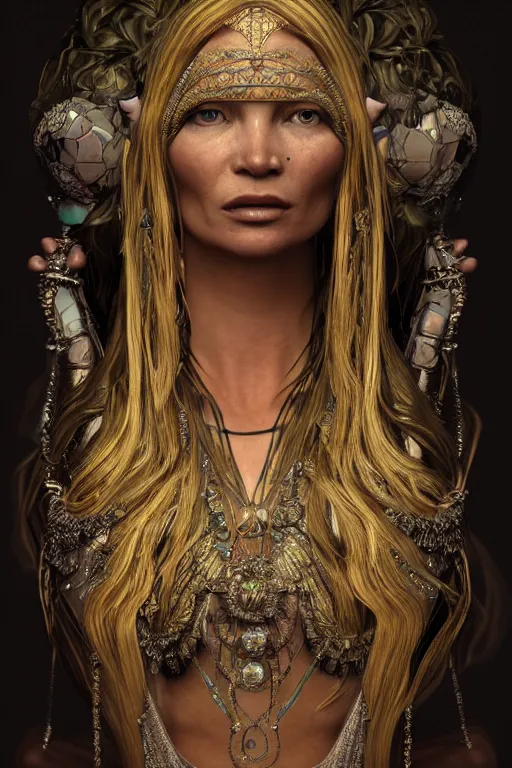 Prompt: a realistic dark photo of a beautiful ancient alien woman goddess kate moss standing in jewelery and fractals in style of alphonse mucha art nuvo trending on artstation made in unreal engine 4