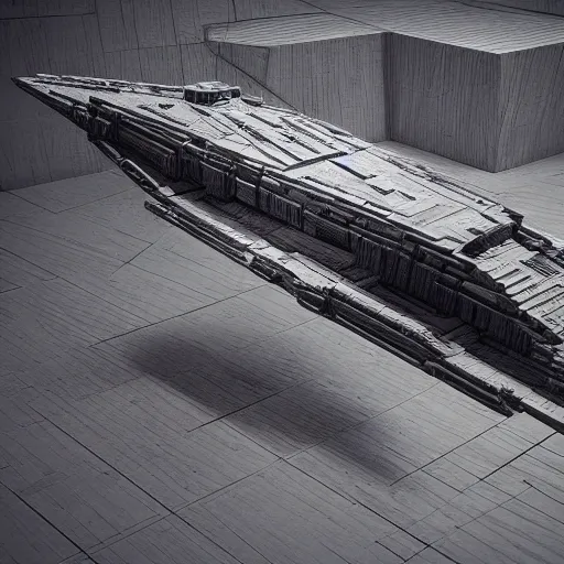 Image similar to a model of a star destroyer on a wooden stand, an ambient occlusion render by piranesi, trending on cg society, kinetic art, greeble, high detailed, voxel art