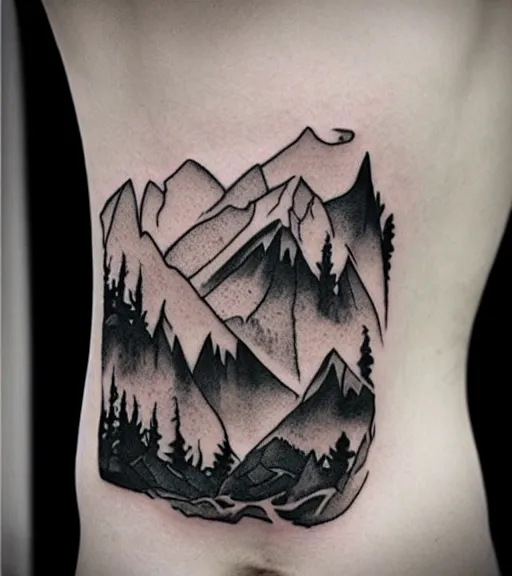 Image similar to creative double exposure effect tattoo design sketch of margot and beautiful mountains and nature, mountain scenery, realism tattoo, in the style of matteo pasqualin, amazing detail, sharp