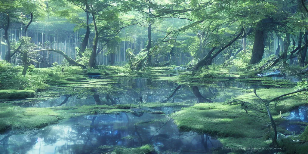 Image similar to jelly fungus spreading over river inside forest, art by makoto shinkai and alan bean, yukito kishiro