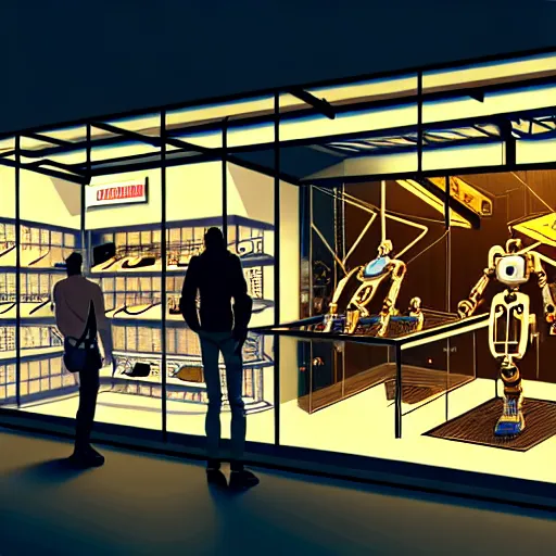 Image similar to inside a robotic shop store directly looking at a display case in The City of Lisbon at night with a few customers, extreme plus resolution scifi concept art, intricate details to everything visible, sharp lighting, Dramatic light by denis villeneuve, strong emphasis on alphonse mucha, Makoto Shinkai