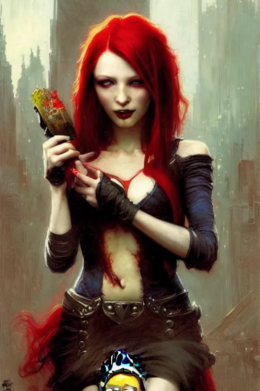 Image similar to beautiful red haired vampire maid, holding a minion from the minions movie portrait dnd, painting by gaston bussiere, craig mullins, greg rutkowski, yoji shinkawa