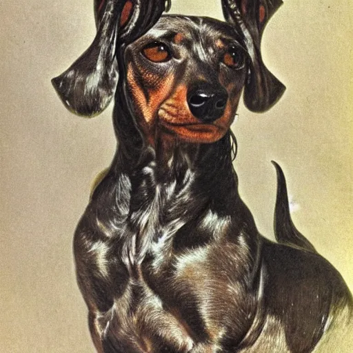 Image similar to portrait of a brindle dachshund, salt and pepper hair, soft hair, d & d, muscular, fantasy, intricate, elegant, highly detailed, smooth, sharp focus, illustration, art by frank frazetta and alphonse mucha