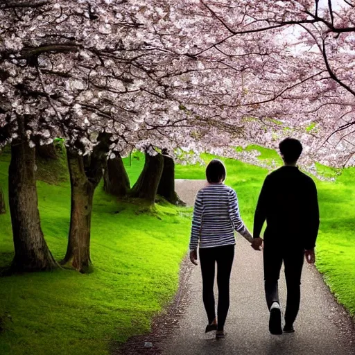 Image similar to a young man and young lady walking hand in hand with their backs turned away from the camera lens, surrounded by cherry blossom trees