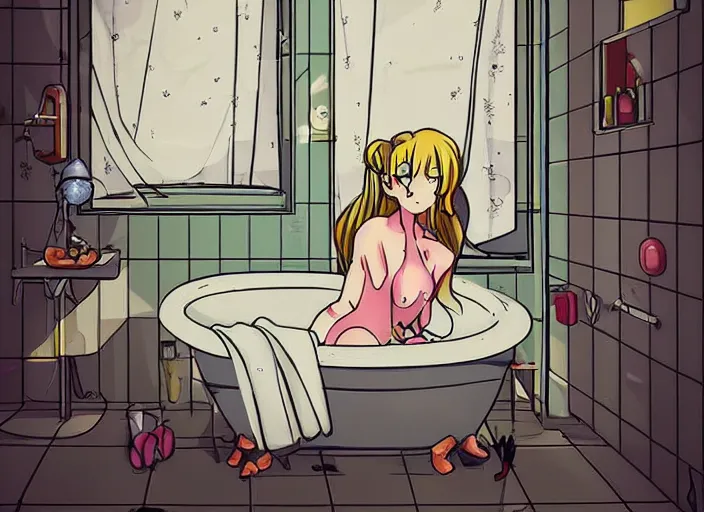 Image similar to girl in bathtub, bathroom, boring, anime, 1 9 9 0 s, retro style, aesthetic, chill, room