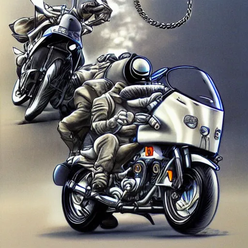 Prompt: wolf with gray hoodie and racing motorcycle, by hajime sorayama