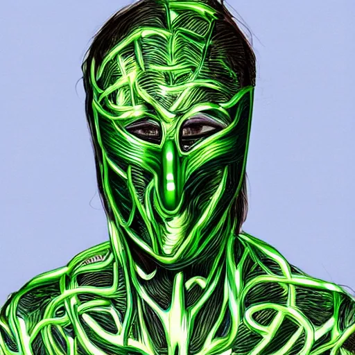 Image similar to man wearing a metal mask with thin green tubes all over his body hyperdetailed, realistic, high - resolution illustration that slightly looks like a comic character