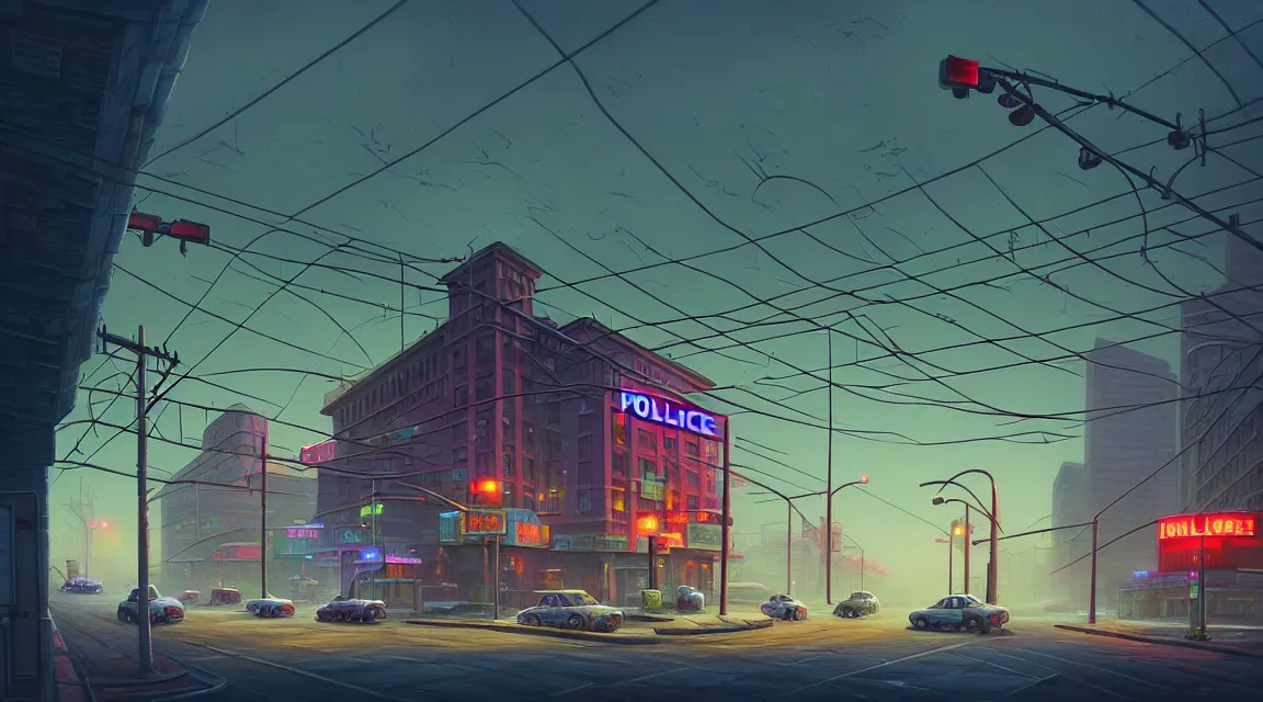 Prompt: police station, building, avenue, urban architecture, americana architecture, concrete architecture, cloudy sky, paved roads, in the style of simon stalenhag, by thomas kinkade, trending on artstation, photorealistic, wild vegetation, destroyed buildings, vivid colors scheme, neon signs, sharp, cinematic, digital art