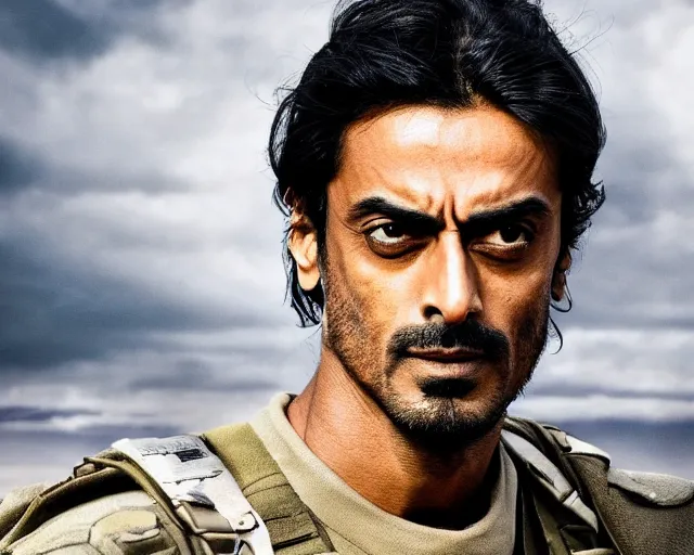 Image similar to a photo of arjun rampal as a soldier of israel, hyper realistic face, beautiful eyes, cinematic, long shot, hyper detailed, 8 5 mm photograph, 8 k resolution, film still, sharp lens, wide lens