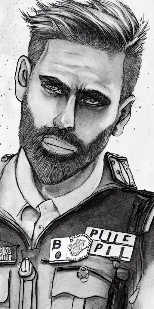 Prompt: portrait of a blonde police officer with short hair and a patchy beard, close up, grimy streets backgrop, detailed, art by loran desore