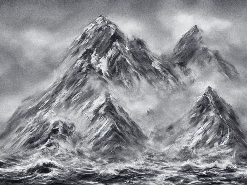 Image similar to two mountains standing on muscly legs wrestling with each other in the middle of the ocean, dramatic cross hatching, oil painting 3d rendering