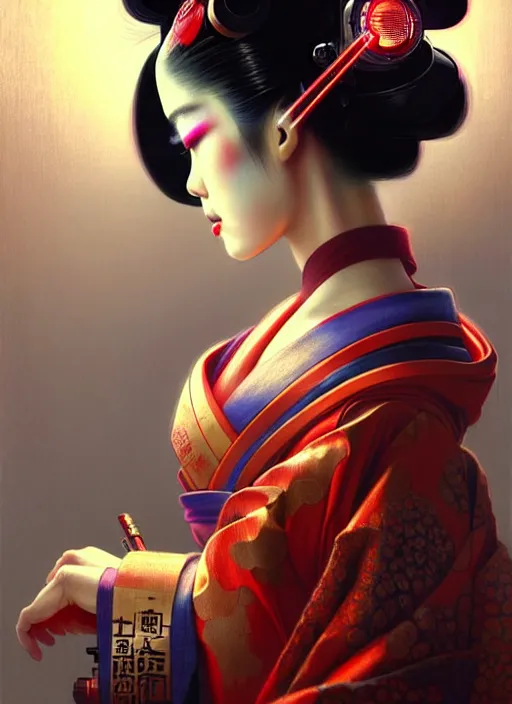 Prompt: beautiful japanese geisha wearing vr eyepiece, robotic, android, cyborg, cyberpunk face, steampunk, fantasy, intricate, elegant, highly detailed, colorful, vivid color, digital painting, cool mixed warm lighting, artstation, concept art, art by artgerm and greg rutkowski and ruan jia,