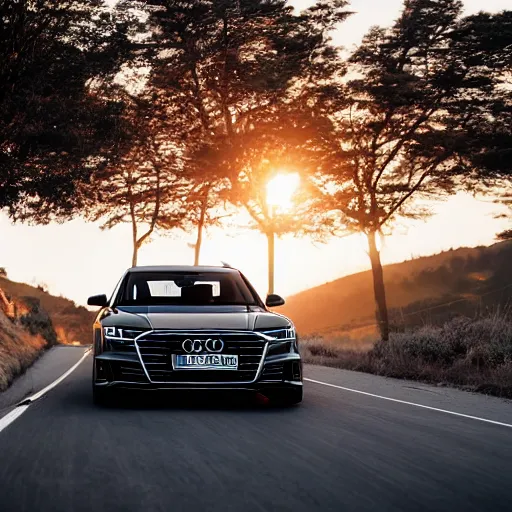 Image similar to black 2020 audi a8 racing on a road on a mountain at sunset, car photography, 4k professional photo