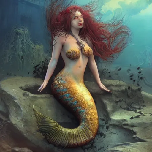 Prompt: a sad mermaid smothered in motor oil medical waste and thrash, ultra realistic, concept art, intricate details, highly detailed, photorealistic, octane render, 8 k, unreal engine, art by frank frazetta, simon bisley, brom