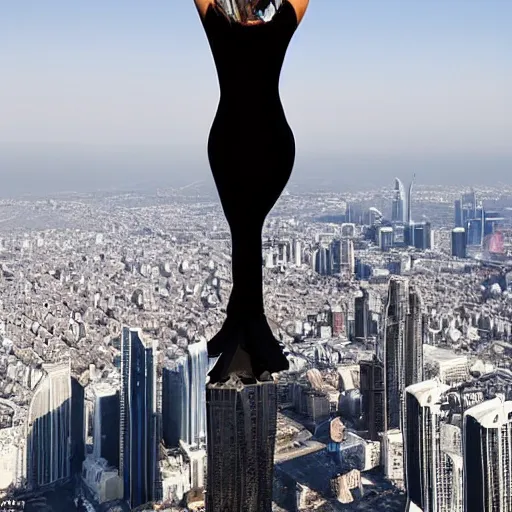 Prompt: Award-winning photography of the most beautiful woman to have ever existed, posing at the top of the world\'s tallest building