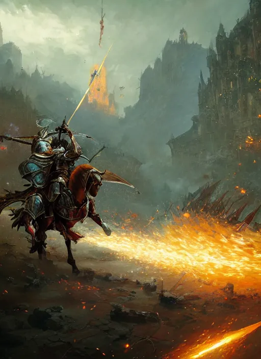 Prompt: 4k knight dodging an attack in a fantasy setting, art by greg rutkowski, art by craig mullins, art by thomas kincade, art by Yoshitaka Amano