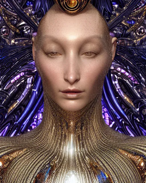 Image similar to a highly detailed metahuman 4 k close up render of an alien goddess bella hadid as alien in iris van herpen dress schiaparelli in diamonds crystals swarovski and jewelry iridescent in style of alphonse mucha gustav klimt trending on artstation made in unreal engine 4