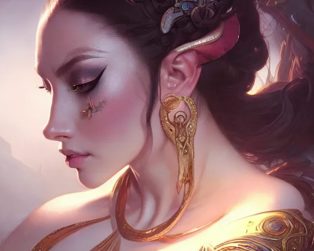 Image similar to eye makeup design, deep focus, d & d, fantasy, intricate, elegant, highly detailed, digital painting, artstation, concept art, matte, sharp focus, illustration, hearthstone, art by artgerm and greg rutkowski and alphonse mucha