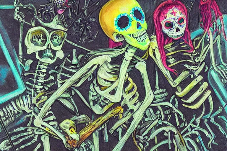 Image similar to scene from surfing, day of the dead, cyber skeleton, neon painting by otto dix