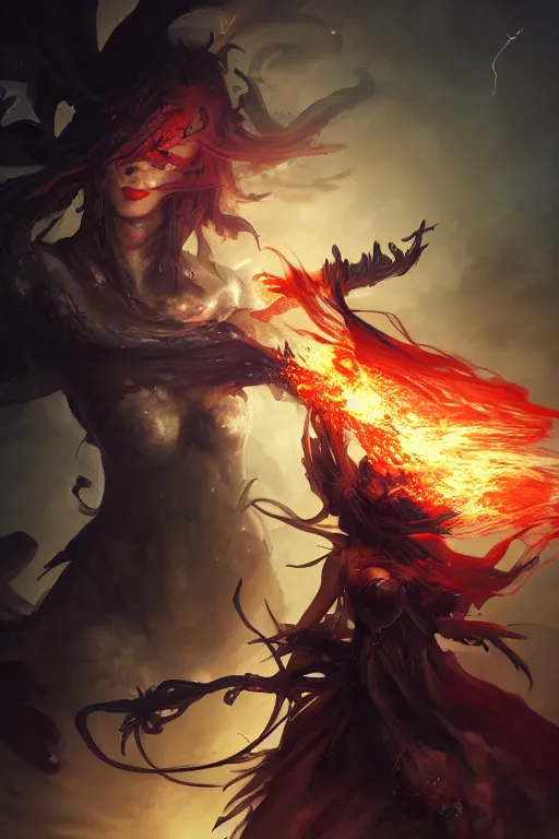 Image similar to torso closeup beautiful girl necromancer, witch - doctor exploding into space casting spell, angels, 3 d render, hyper - realistic detailed portrait, holding fire and electricity, ruan jia, wlop. scifi, fantasy, magic the gathering, hyper detailed, octane render, concept art, peter mohrbacher