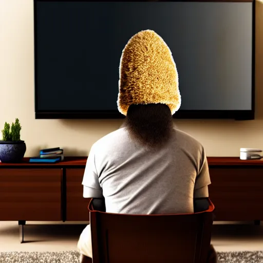 Image similar to a man with shit on his head sits on a chair in front of the tv, digital art, many details, super realistic, high quality, 8 k