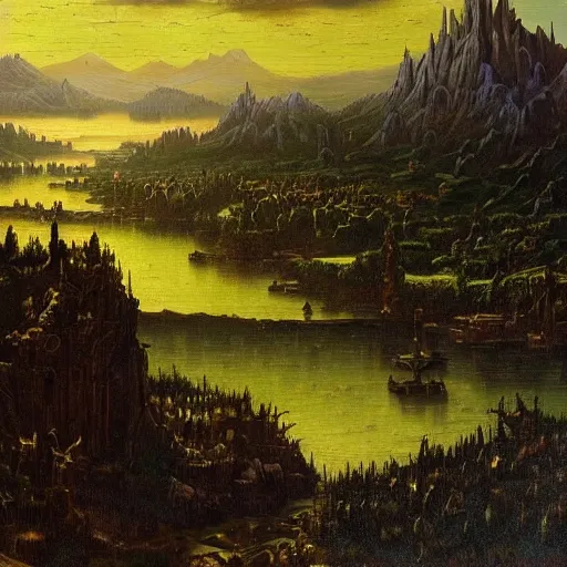 Prompt: irithyll of the boreal valley, beautiful extremely detailed landscape oil on canvas painting in the style of 1 9 th century hudson river school of art