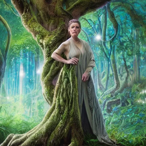 Image similar to Portrait of Carrie Fisher as a dryad, characteristic sparkling green eyes, looking straight to the camera, illuminated for rays of light, behind her is an ancient forest full of life, by Annie Leibovitz, Ellie Victoria Gale and Steve McCurry, matte painting, oil painting, naturalism, 4k, 8k