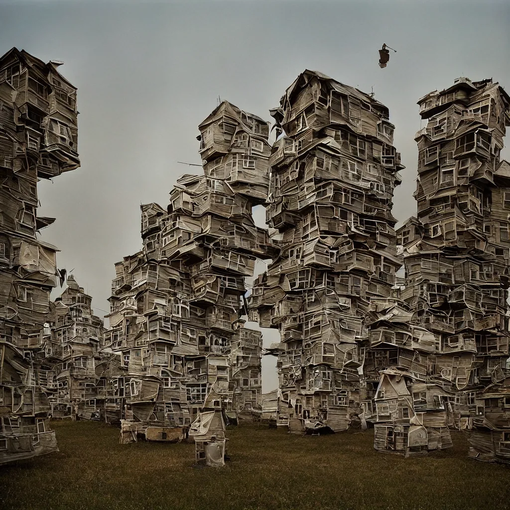 Image similar to towers made up of stacked makeshift squatter shacks with faded colours suspended over a quagmire, plain uniform sky at the back, misty, mamiya, ultra sharp, very detailed, photographed by julie blackmon, cristina de middel and john chiara