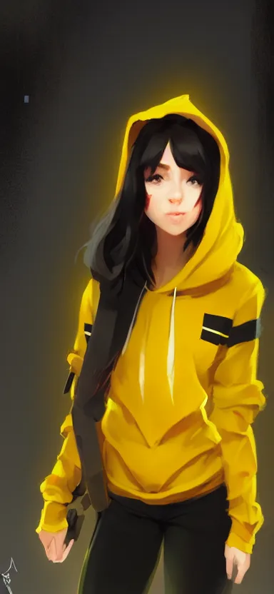 Image similar to a vtuber model concept art of a beautiful girl in a black and yellow hoodie, front view typing in an iphone, artstation, digital art, commission art, style by jordan grimmer and greg rutkowski, 4 k resolution