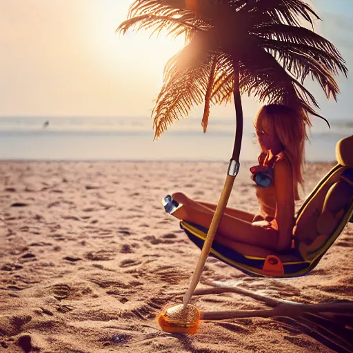 Image similar to a beautiful photo of an astronaut on the beach under a beach umbrella, summer sun, 1 9 7 0, soft light, morning light, photorealistic, realistic, octane, 8 k, cinematic shot