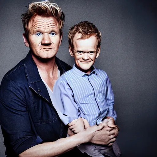 Image similar to photoshoot of gordon ramsay and neil patrick harris as father and son, vogue magazine, hyper realistic, dramatic light, photo studio,