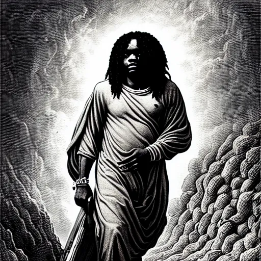 Image similar to cheef keef ascending into heaven holding pounds of weed bags, biblical image, style of gustave dore, highly detailed, beautiful, high contrast, black and white