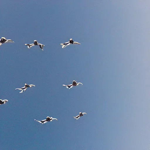 Prompt: A flock of penguins flying at 20,000 ft, overhead aerial photo