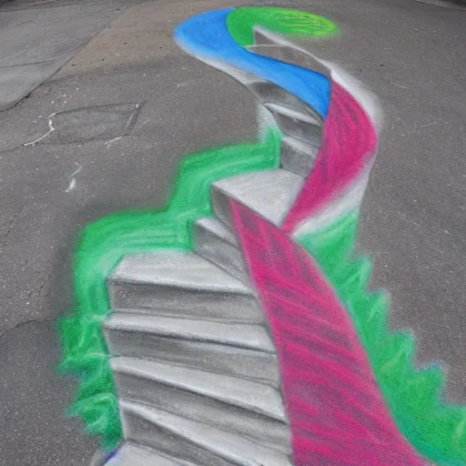 Image similar to a sidewalk chalk drawing of a twisting staircase leading to a sorrowful abyss