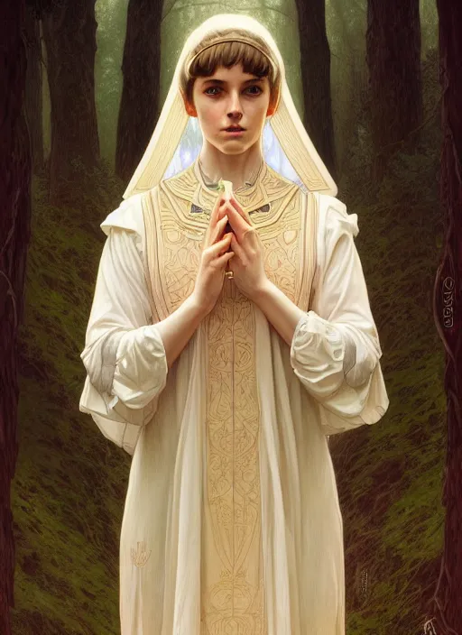 Image similar to symmetry portrait of welsh brunette student in mans tunic, tomboy, short hair, forest, intricate, elegant, highly detailed, digital painting, artstation, concept art, smooth, sharp focus, illustration, art by artgerm and greg rutkowski and fra angelico and alphons mucha