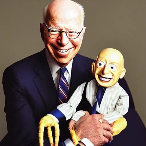 Prompt: UHD candid color photo of (Nazi Klaus Schwab) holding a (ventriloquist dummy of Joe Biden), accurate faces, UHD, photorealistic, correct face, photo by Annie Leibowitz