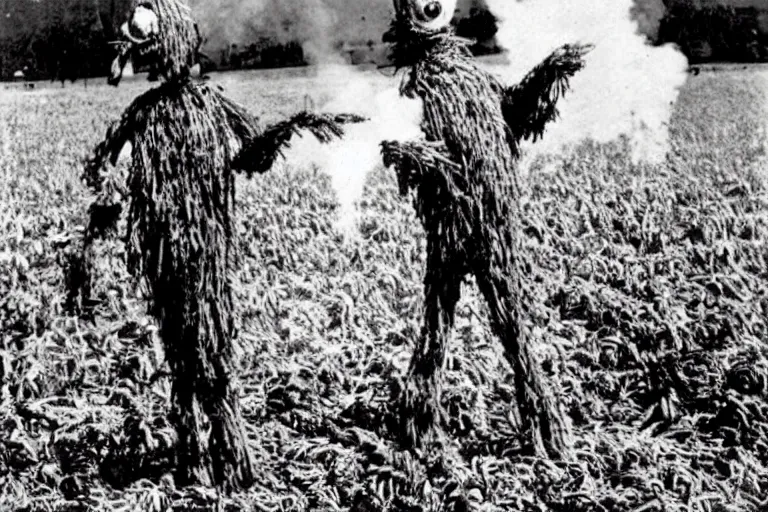 Image similar to horrifying scarecrow from the early 1 9 0 0's burning down the cornfields