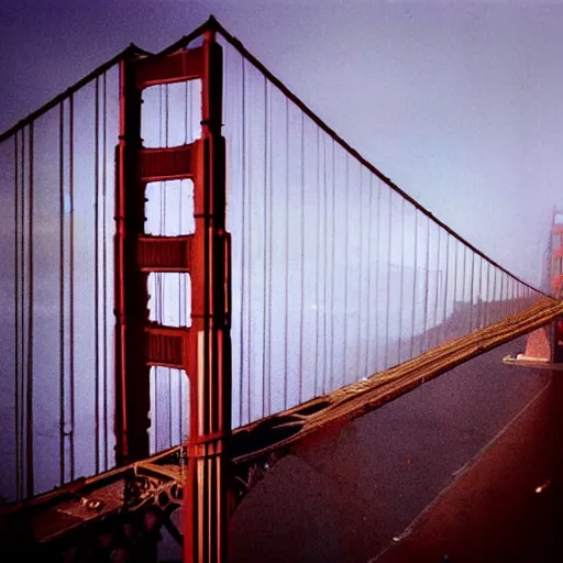 Image similar to color film still city san francisco, golden gate bridge, lombard street, iconic, blade runner style, year 2 1 0 0, future, gritty, dirty