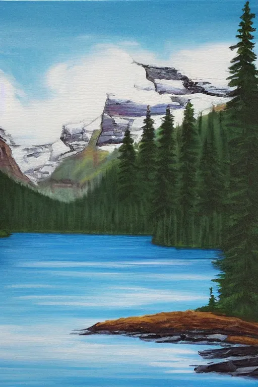 Prompt: bob ross painting of lake louise