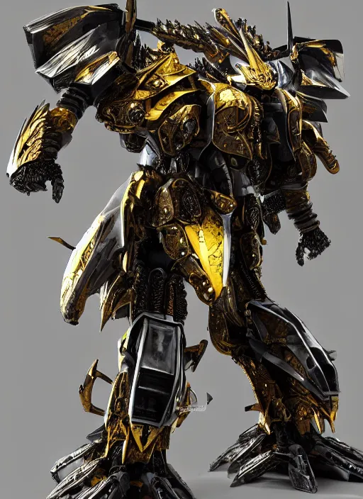 Image similar to hyper realistic glorious ancient wargreymon in a obsidian metal armor, futuristic design, designed by makoto kobayashi and luca zampriolo, portrait, cyberpunk style, wood and gold details, intricate, extremely detailed, ornate, deep of field, hard surface, exoskeleton, substance designer metal unreal engine. human proportion.