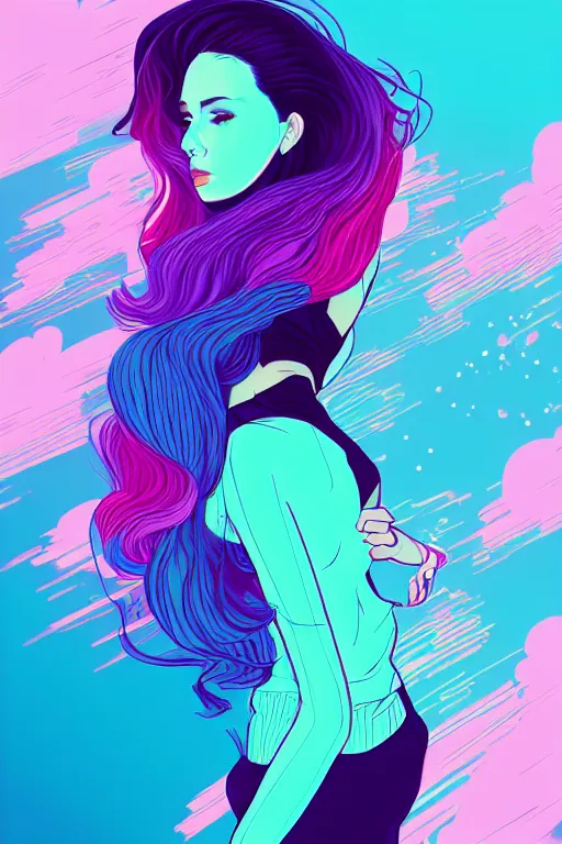 Image similar to a award winning half body porttrait of a beautiful woman in a croptop with ombre purple pink teal hairstyle with head in motion and hair flying, outrun, vaporware, shaded flat illustration, digital art, trending on artstation, highly detailed, fine detail, intricate