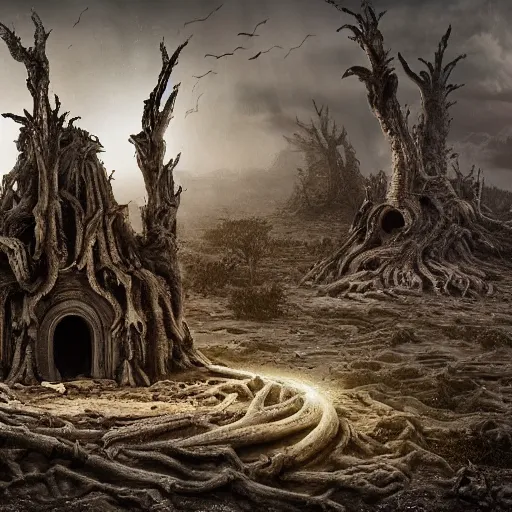 Image similar to a dramatic matte painting of the tomb in the dystopian landscape is opening through the ground, the dead has arisen under the glowing moon, dead trees and a brooding landscape by giger and dariusz zawadzki and beksinsk